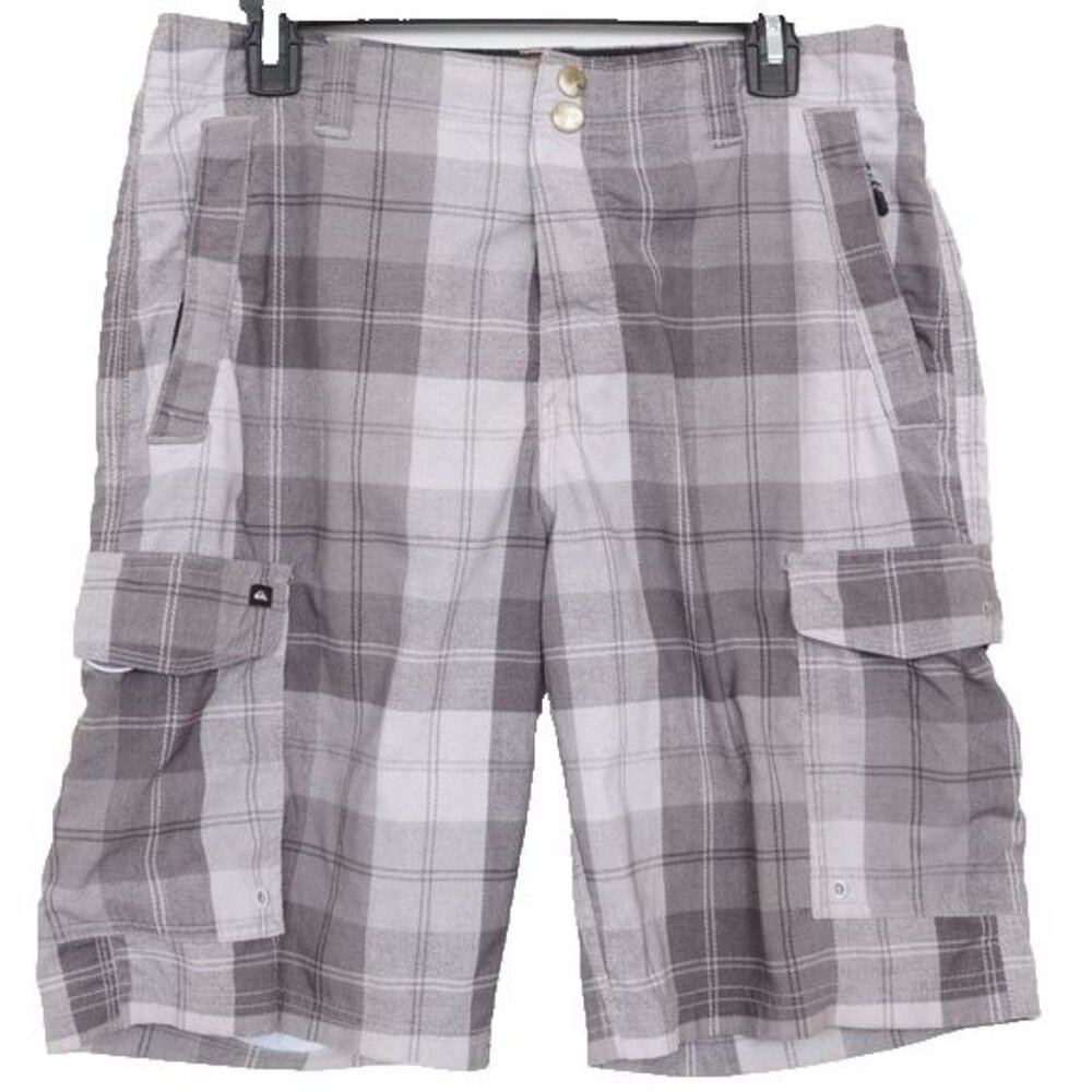 Quicksilver Men's Size 32 Cargo Shorts Grey Plaid Outdoor Camping Casual Hiking